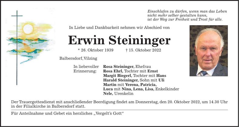 Traueranzeige Erwin Steininger