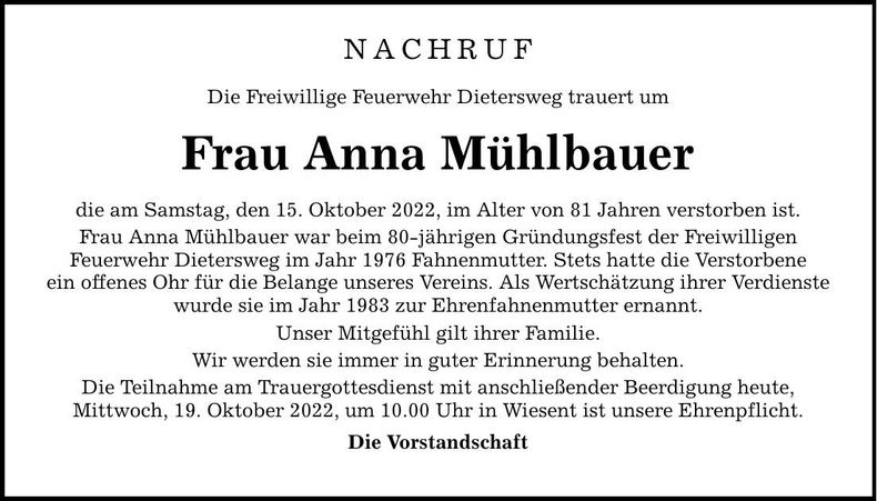 Traueranzeige Anna Mühlbauer