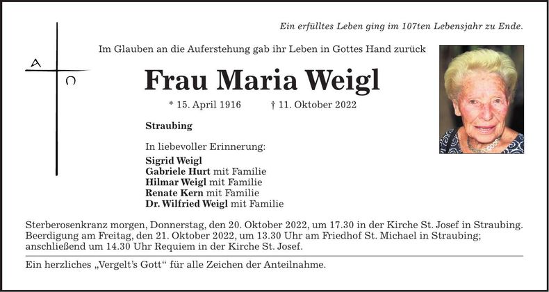 Traueranzeige Maria Weigl