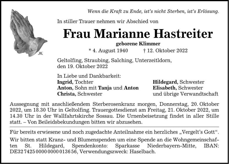 Traueranzeige Marianne Hastreiter