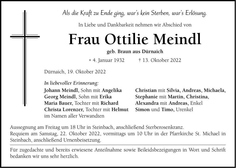 Traueranzeige Ottilie Meindl