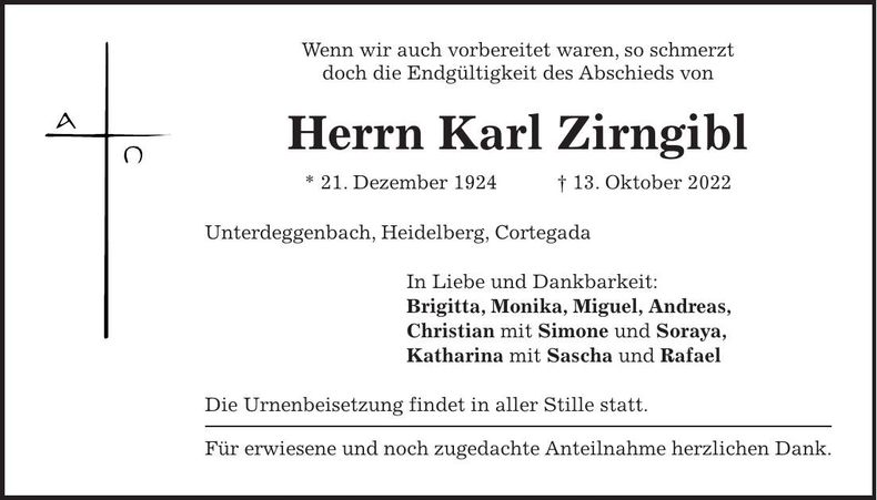 Traueranzeige Karl Zirngibl