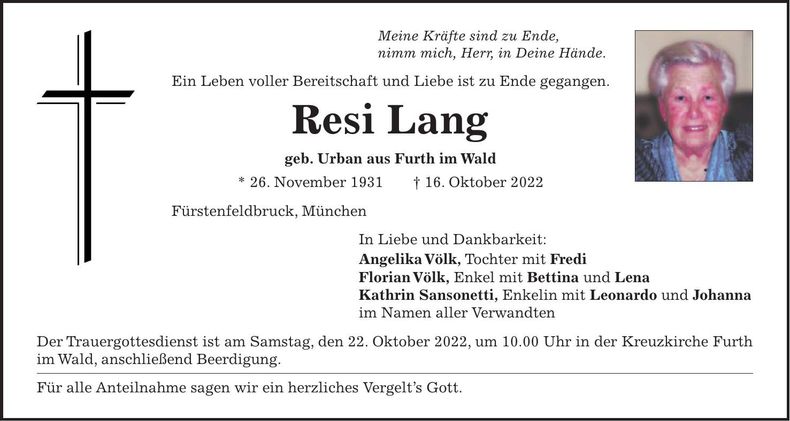 Traueranzeige Resi Lang
