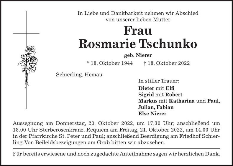 Traueranzeige Rosmarie Tschunko