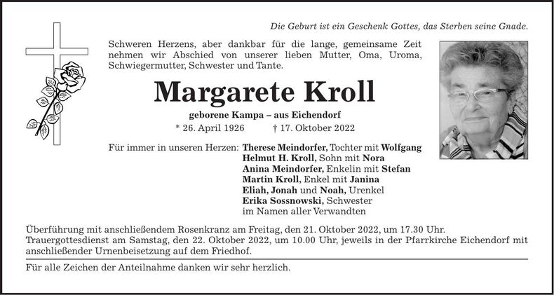 Traueranzeige Margarete Kroll