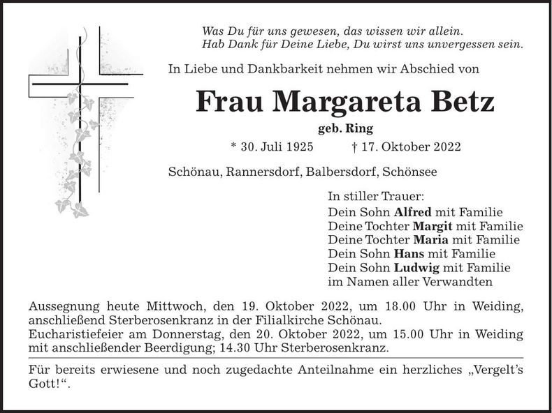Traueranzeige Margareta Betz