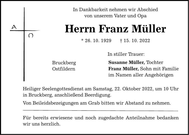 Traueranzeige Franz Müller