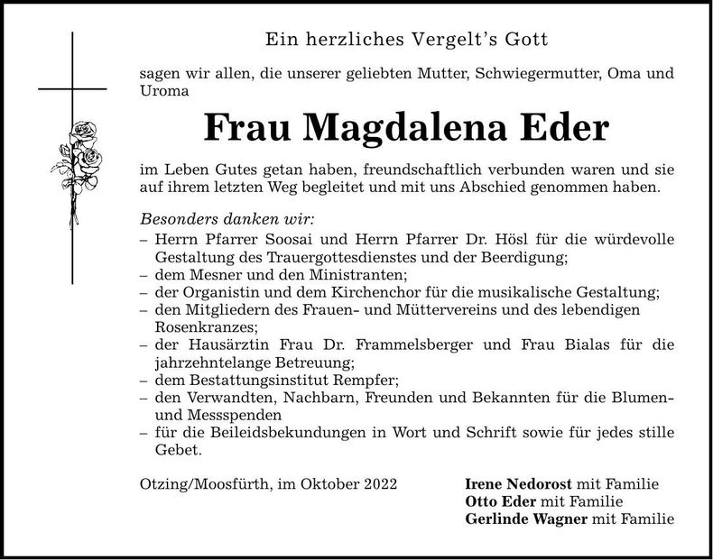 Traueranzeige Magdalena Eder