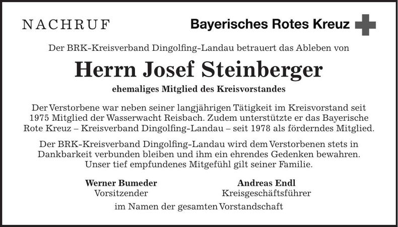 Traueranzeige Josef Steinberger