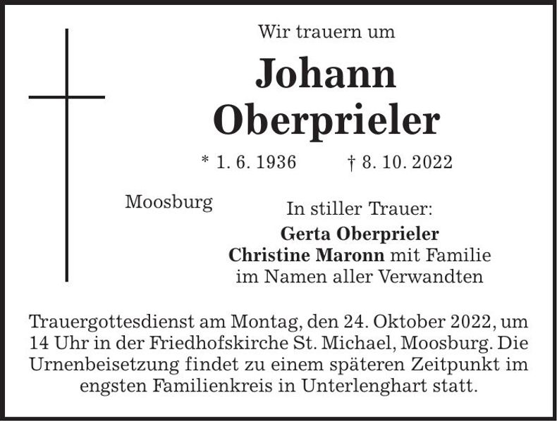 Traueranzeige Johann Oberprieler