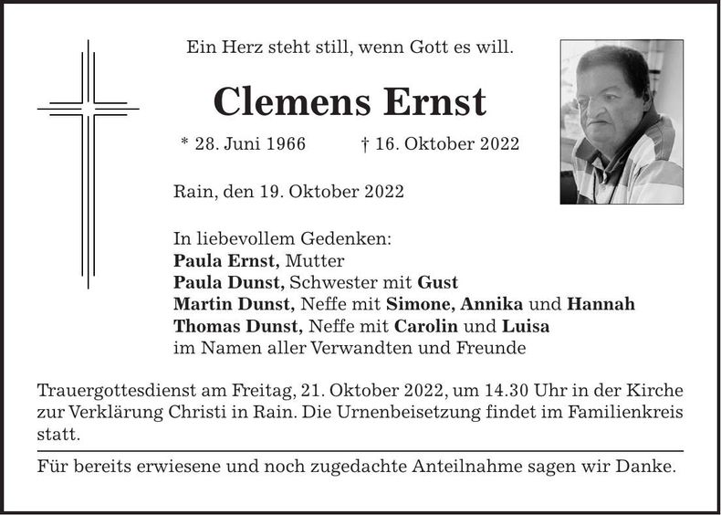 Traueranzeige Clemena Ernst