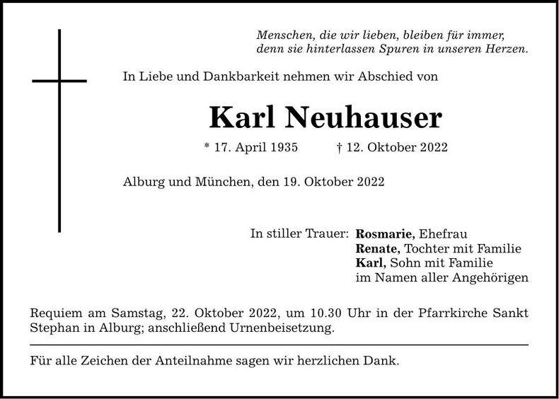 Traueranzeige Karl Neuhauser