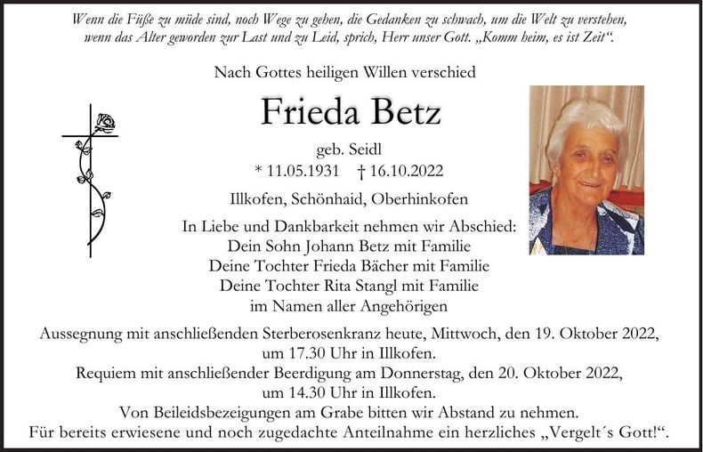 Traueranzeige Frieda Betz