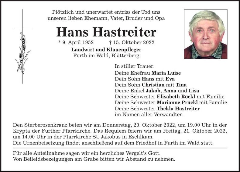 Traueranzeige Johann Hastreiter