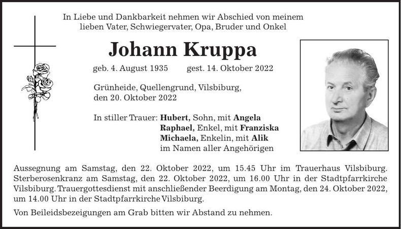 Traueranzeige Johann Kruppa