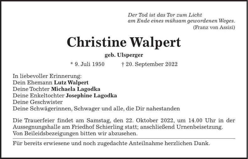 Traueranzeige Christine Walpert