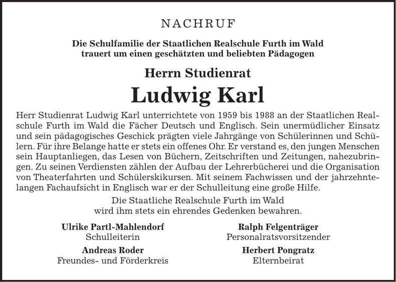Traueranzeige Ludwig Karl