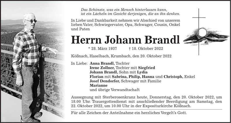 Traueranzeige Johann Brandl