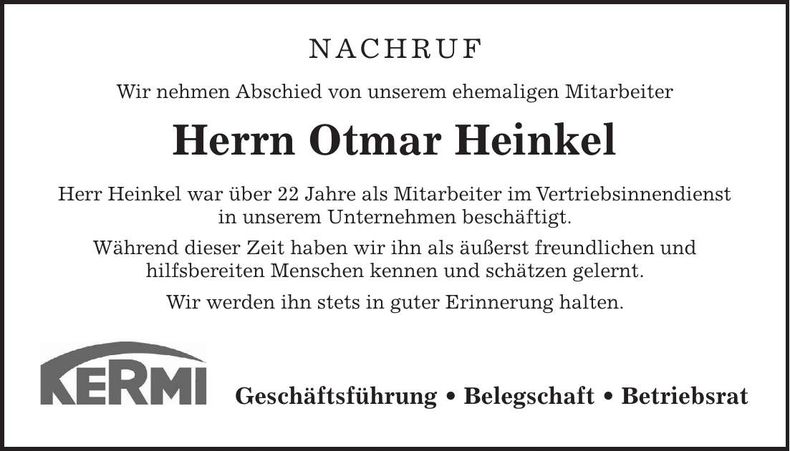 Traueranzeige Otmar Heinkel
