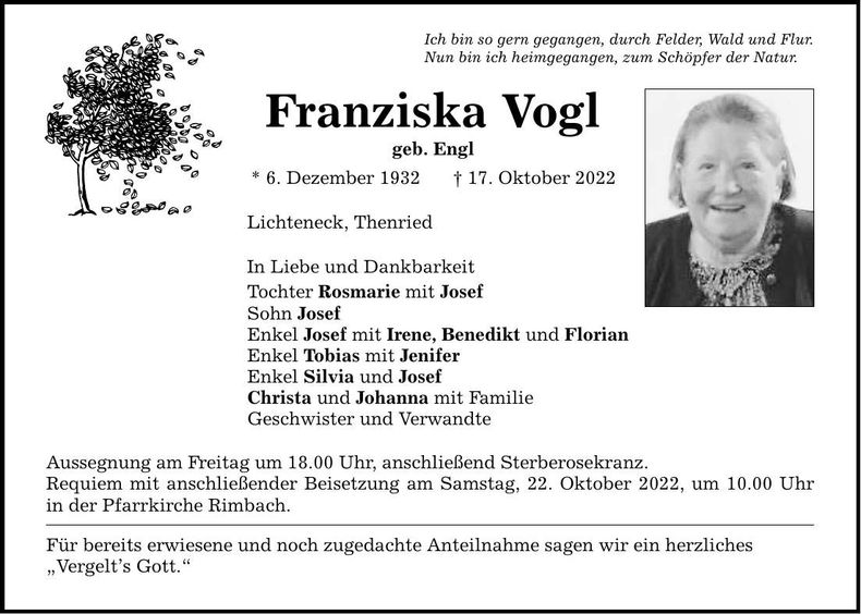 Traueranzeige Franziska Vogl