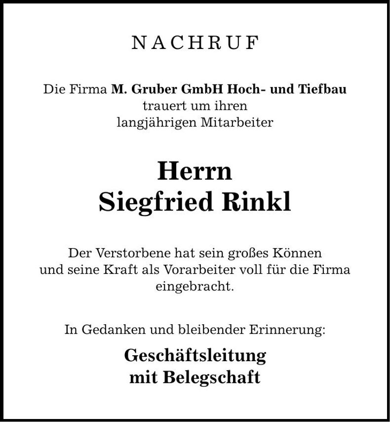 Traueranzeige Siegfried Rinkl