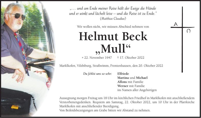 Traueranzeige Helmut Beck