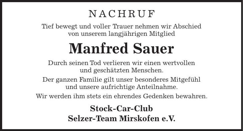 Traueranzeige Manfred Sauer