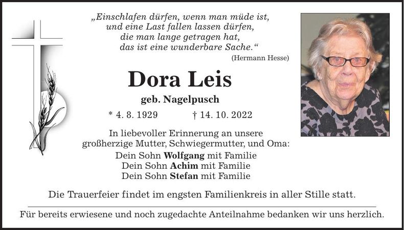 Traueranzeige Dora Leis