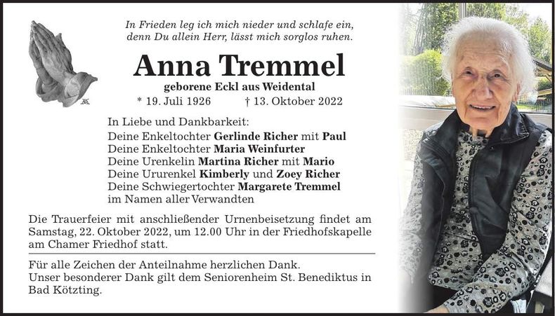 Traueranzeige Anna Tremmel