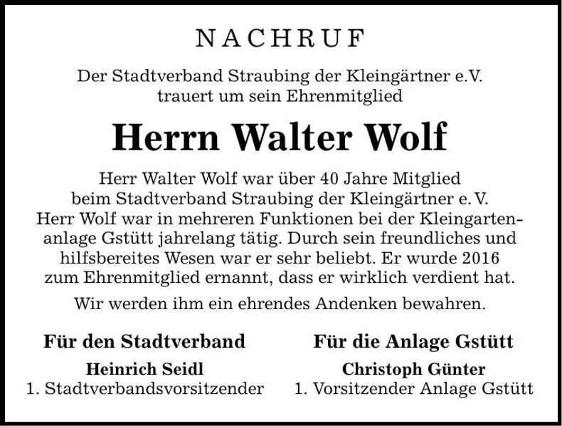 Traueranzeige Walter Wolf