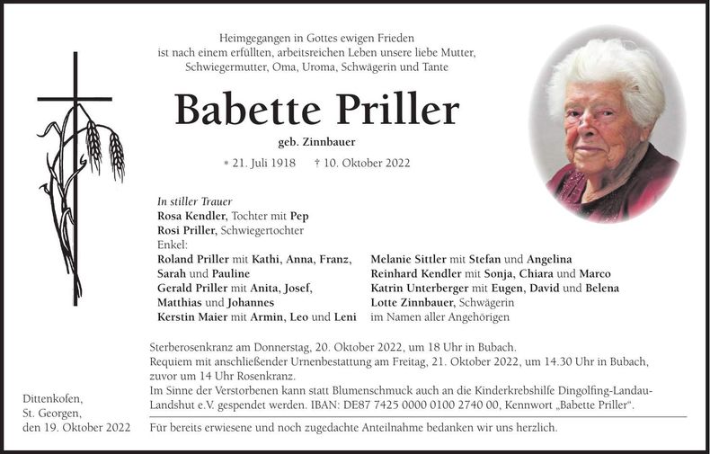 Traueranzeige Babette Priller