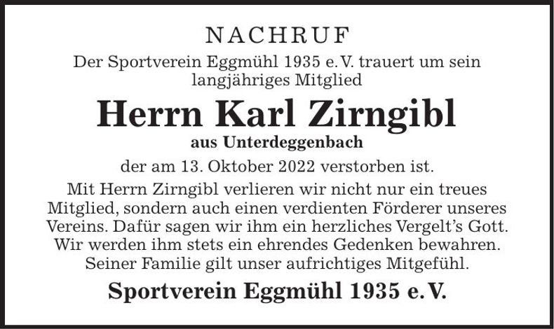 Traueranzeige Karl Zirngibl
