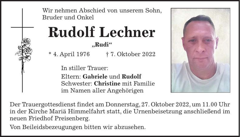 Traueranzeige Rudolf Lechner