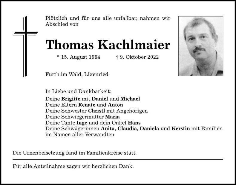 Traueranzeige Thomas Kachlmaier