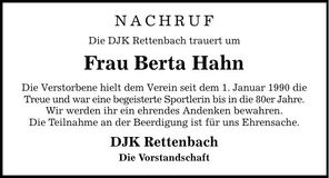 Traueranzeige Berta Hahn