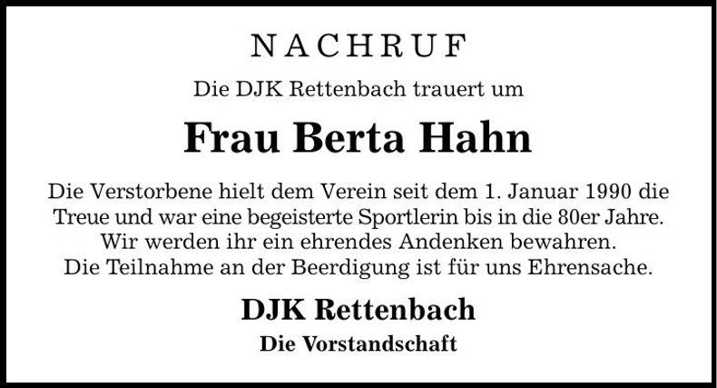 Traueranzeige Berta Hahn
