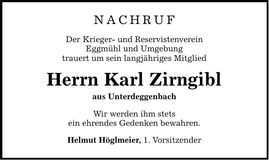 Traueranzeige Karl Zirngibl