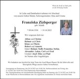 Traueranzeige Franziska Zizlsperger