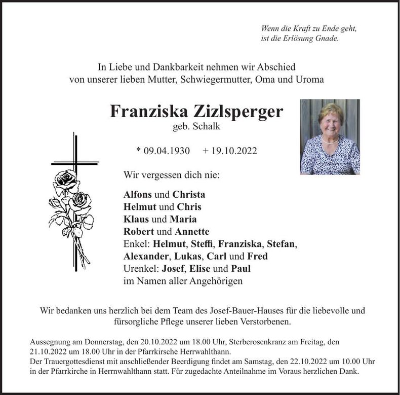 Traueranzeige Franziska Zizlsperger