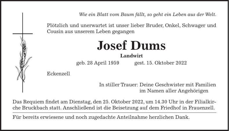 Traueranzeige Josef Dums