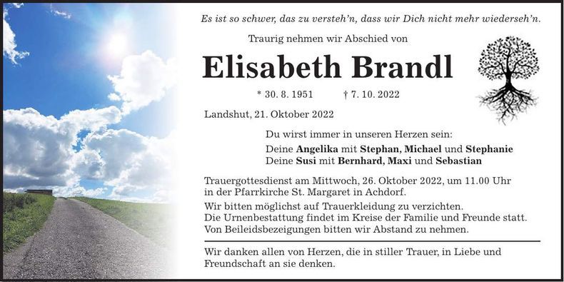 Traueranzeige Elisabeth Brandl