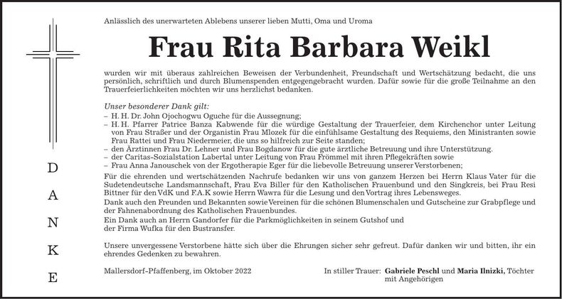 Traueranzeige Rita Weikl