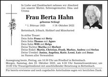 Traueranzeige Berta Hahn