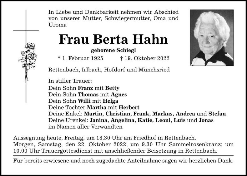 Traueranzeige Berta Hahn