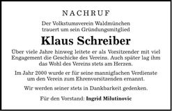 Traueranzeige Klaus Schreiber