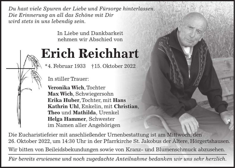 Traueranzeige Erich Reichhart