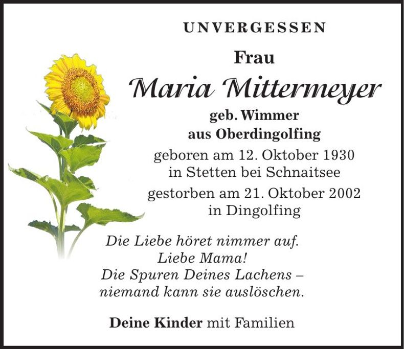 Traueranzeige Maria Mittermeyer