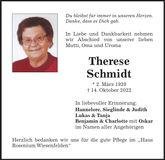 Traueranzeige Therese Schmidt