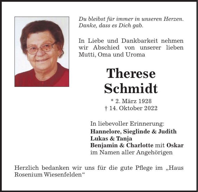 Traueranzeige Therese Schmidt