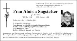 Traueranzeige Aloisia Sagstetter